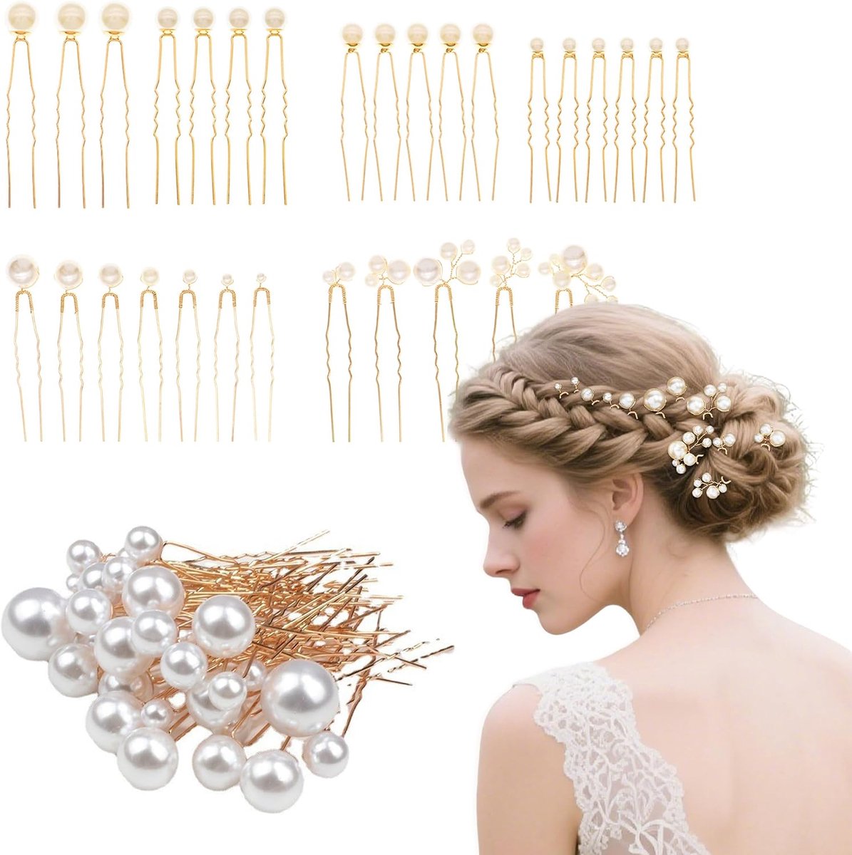 SnelShoppen - Set van 30 Pcs Elegante U Vormige Parels Haarspelden, Gouden Haaraccessoires voor Bruid en Bruidsmeisjes, Meerdere Maten, Perfect voor F