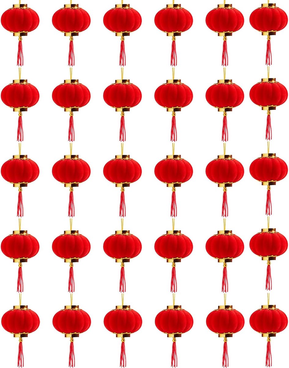 SnelShoppen - 30 Stuks Mini Gelukkige Rode Lampions, Chinese Mini Lampions van Hoogwaardige Velours en Plastic, Perfect voor Chinese Lente Festival en