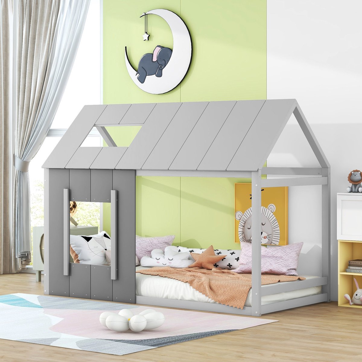 Kinderbed in huisvorm 90x200 cm - Open frame met dak en raam - Antraciet en lichtgrijs - Stimuleert creativiteit en decoratie - Inclusief houten lattenbodem - Geschikt voor eerste eenpersoonsbed