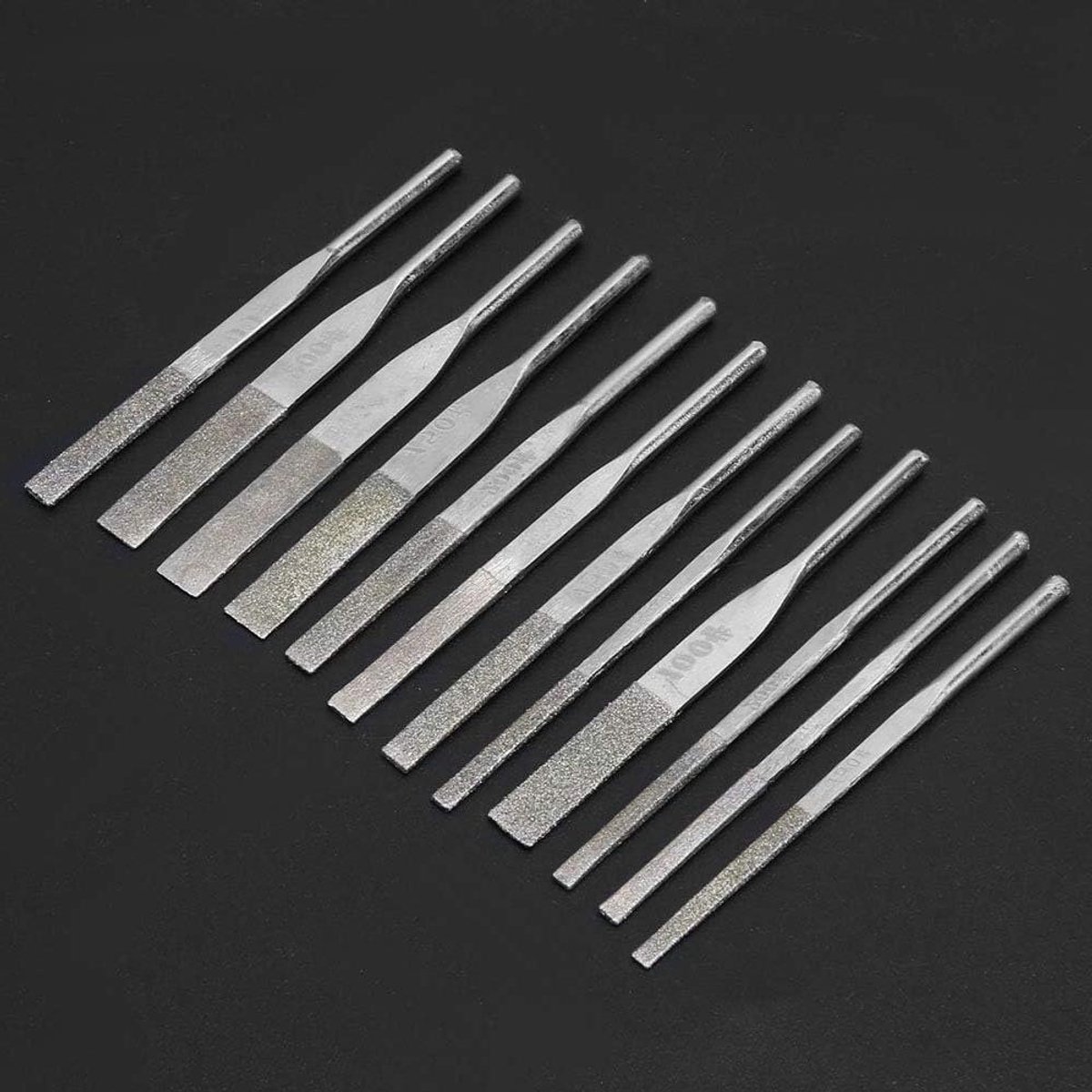 Diamantvijlen Set - Metaalvijlen Schuurvijlen - Precisie Bewerking - 12 Stuks 3mm Schacht - 14 x 1 cm - Grijs
