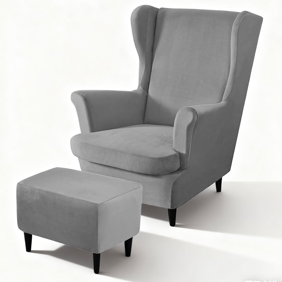 SnelShoppen - 3-delige fluwelen oorfauteuilhoes met voetenbankhoes, stretch fluwelen stoelhoes, elastische hoes voor hoge rugleuning, wasbaar, lichtgr