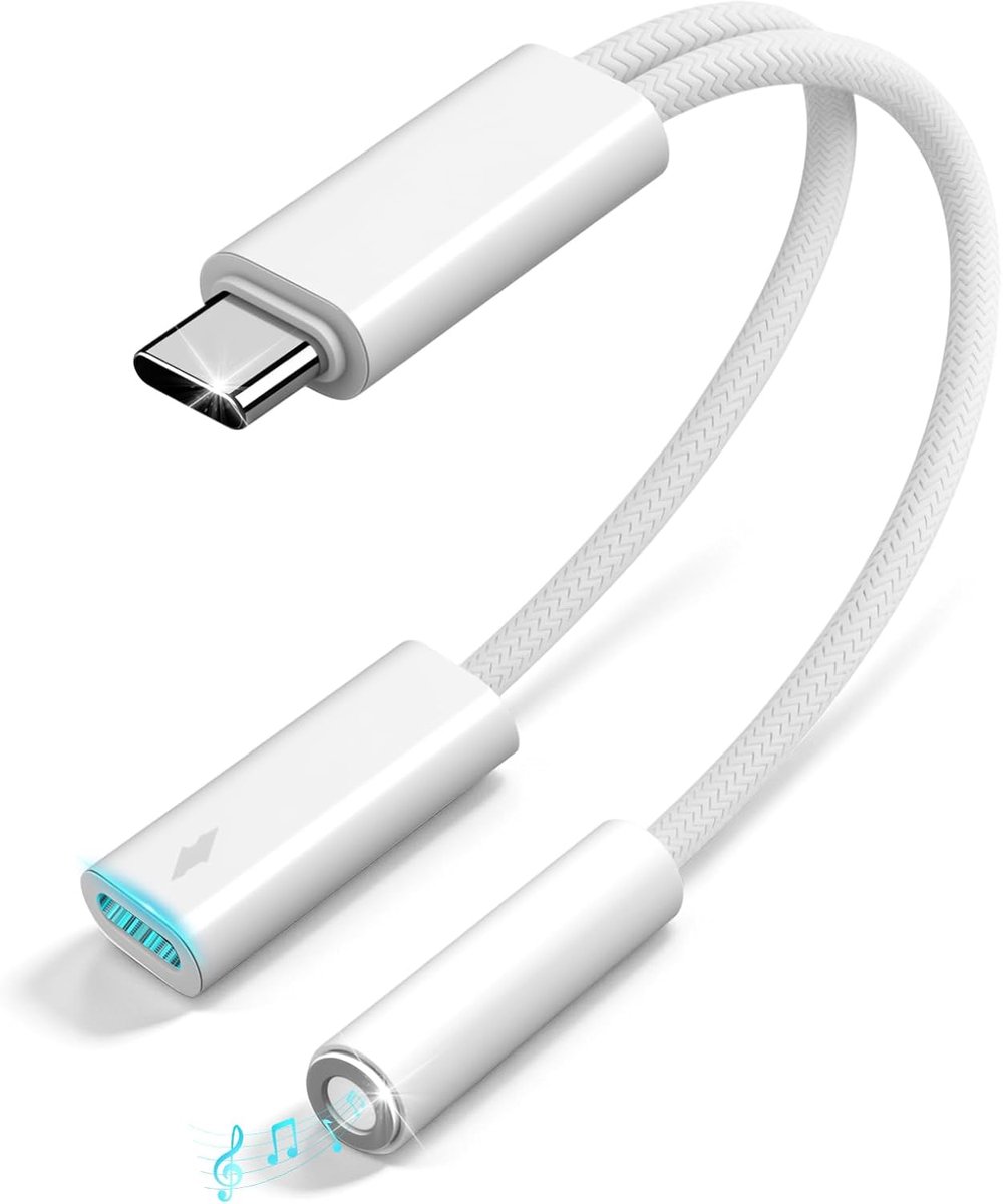 SnelShoppen - Hulpkabel USB-C naar 3,5 mm Adapter, 2-in-1 Hoofdtelefoon en Oplader, PD 60W Snellader voor iPhone 17/16/15 en Samsung S24/S23 Ultra, Br