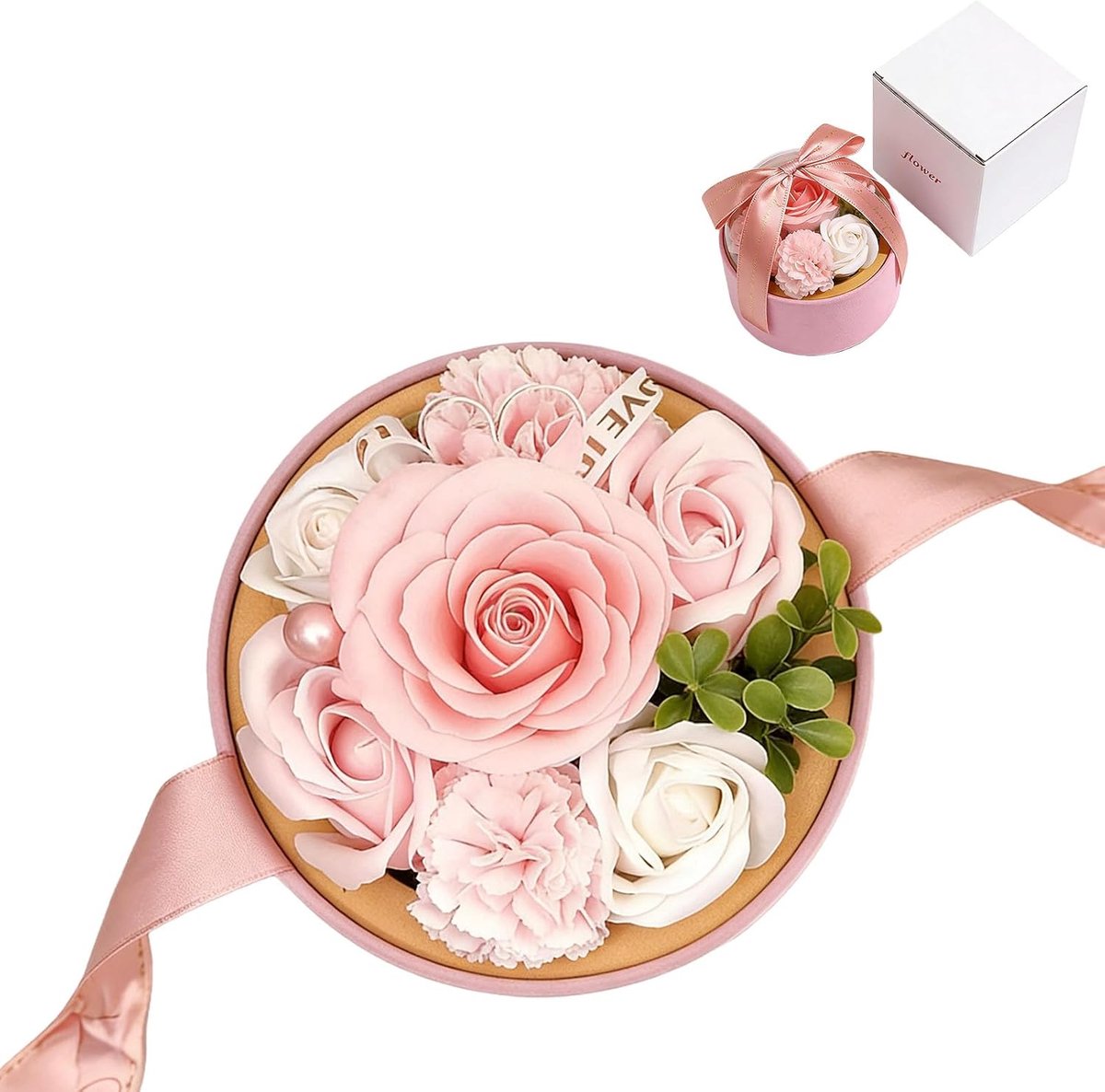 Zeep bloemenboeket geschenkdoos, ronde rozendoos met geconserveerde bloemen, kunstverjaardags bloemenboeket, langdurig - ShopVlot