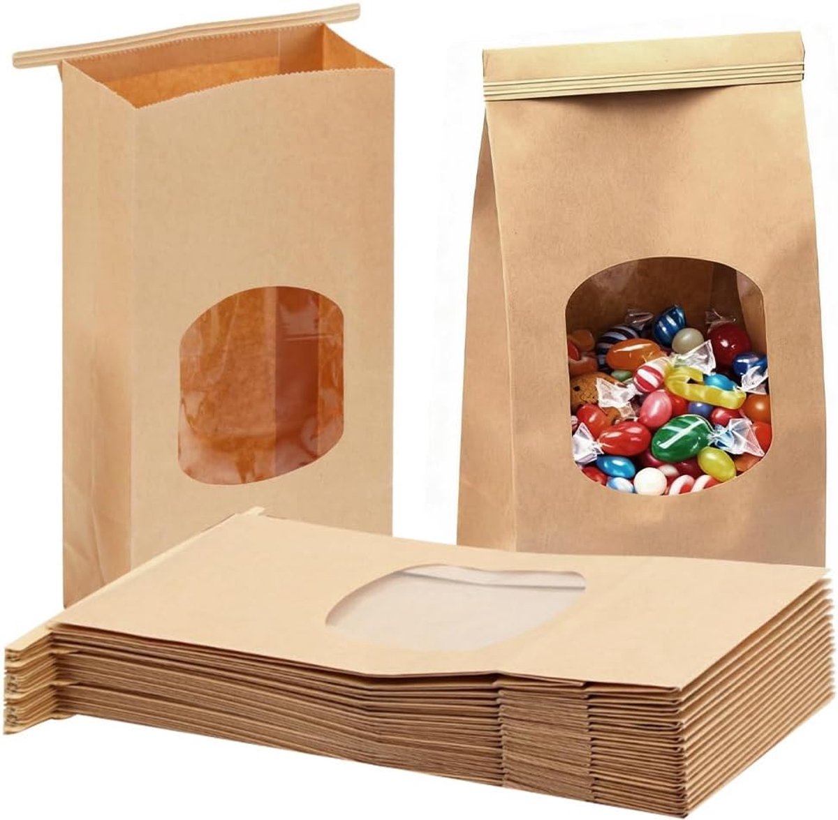 SnelShoppen - Bruine Kraft Papieren Tassen met Kijkvenster (25 Stuks), Vetbestendig en Herbruikbaar, Perfect voor Zelfgemaakte Cadeaus, Opslag en Fees