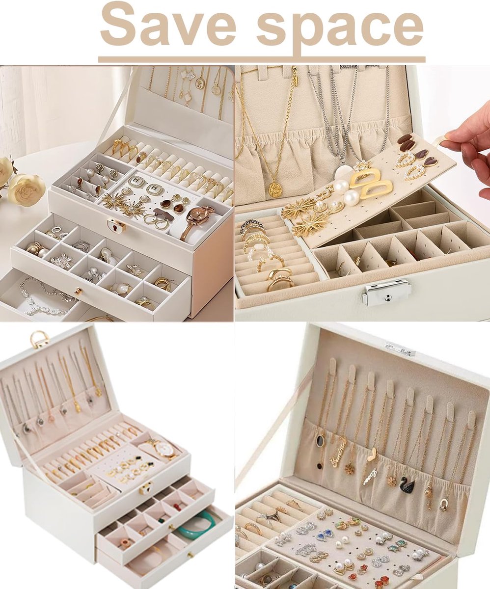 SnelShoppen - Opbergdoos voor Sieraden 3 Laags, Stapelbare Sieradenopslag met Compartimenten, Met Slot en Sleutel, 2 Lades voor Ringen, Oorbellen, Arm