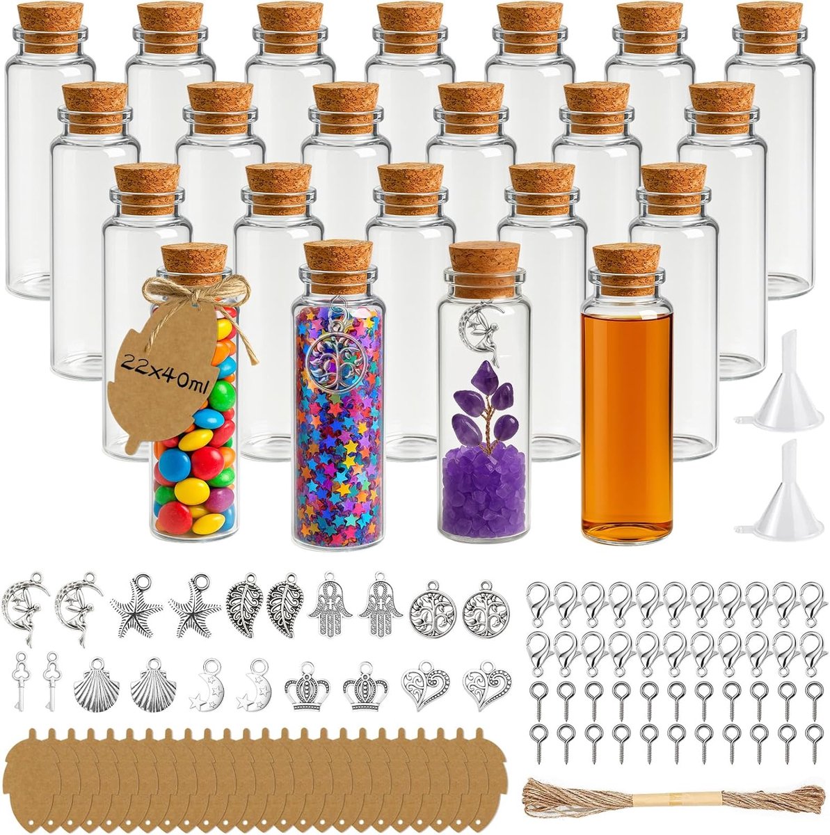 SnelShoppen - 22 Stuks Glas Mini Flessen met Kork, 40ml Testbuizen, Kleine Glazen Flessen voor Vullen, Mini Flessen met Kraft Papier, Perfect voor Gas