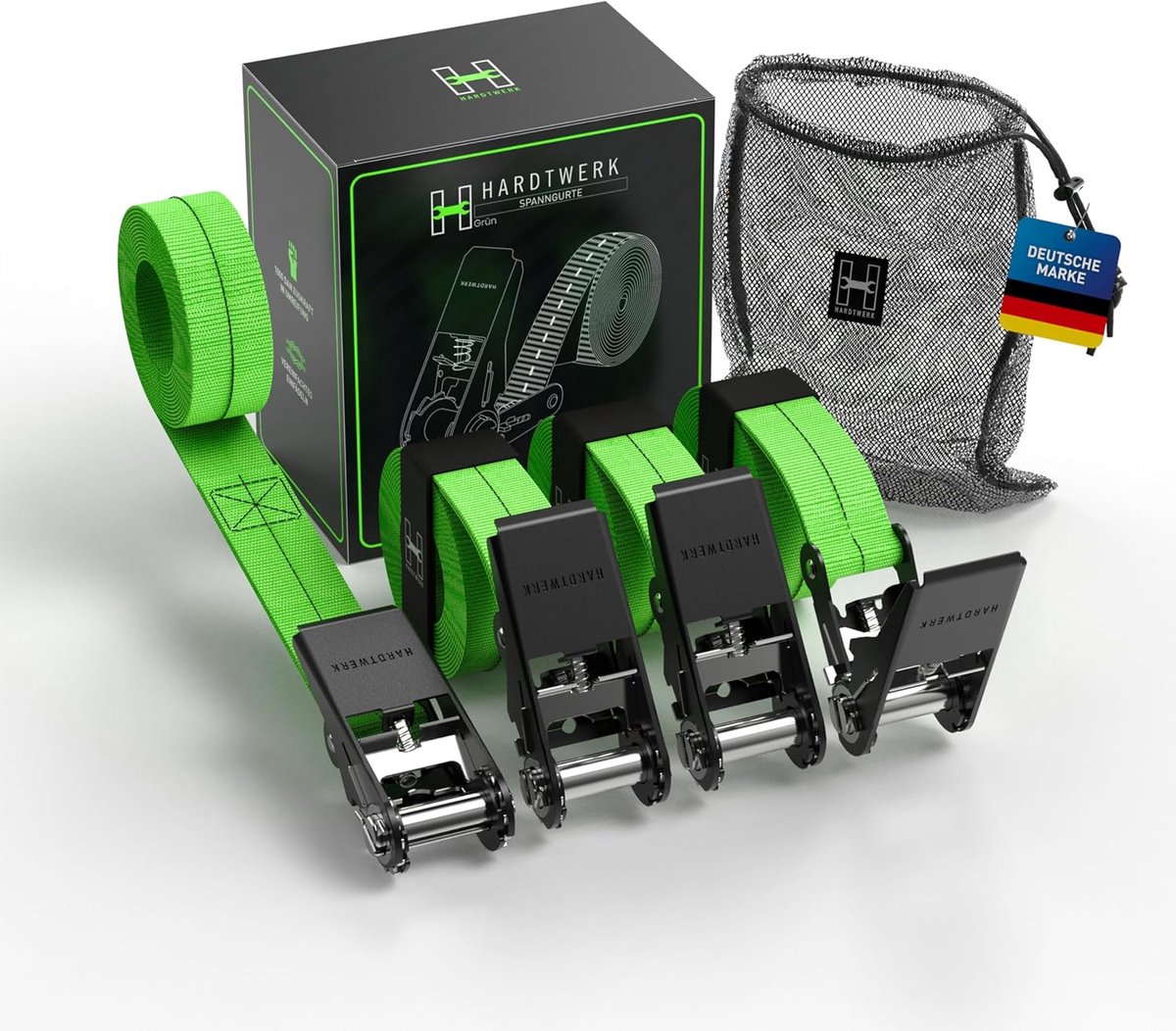Spanbanden met Ratel 4 Stuks – 6 meter, 25 mm, 1000 kg, TÜV/GS Gecertificeerd, Inclusief Draagtas, Groen