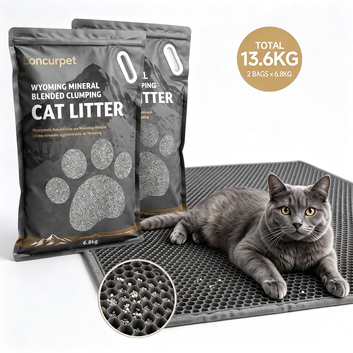Loncurpet - Kattenbakvulling - Met Kattenbakmat - Wyoming Natrium Bentoniet Klei +Cassava - 2 x 6,8kg - Sterk Klontvormend - Plakt Niet aan de Bodem - Effectieve Geurcontrole & Stofvrij
