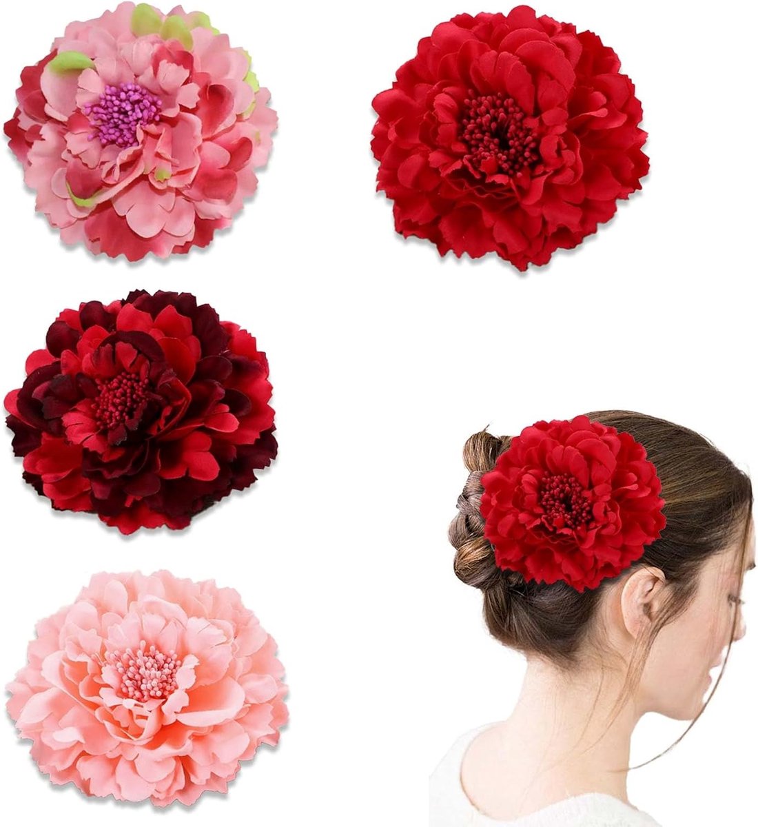 Haarspeldenset bloemen 11 cm - grote decoratieve pioenrozen - 4 kleuren voor bruiloft - ShopVlot
