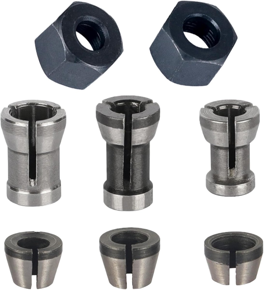 SnelShoppen - 8-delige Collet Set, Stalen Frees Cutter, Frees Accessoires, 6 Klemadapters (6 mm, 6,35 mm, 8 mm) met 2 Moeren, Precisie, Collet Houder