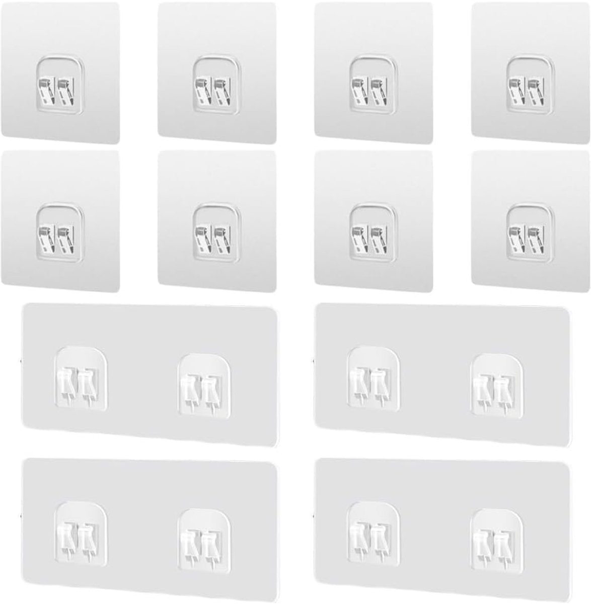 Set of 12 high adhesive transparent hooks, consisting of 8 individual hooks (7 x 7 cm) and 4 double hooks (6 x 14 cm) - ShopVlot