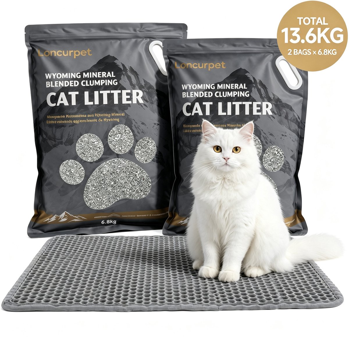 Loncurpet - Kattenbakvulling - Kattengrind Met kattenbakmat - Wyoming Natrium Bentoniet Klei +Cassava - 2 x 6,8kg - Goede Absorptie - Stevige Klonten - Stofarme Formule - Langdurige Geurcontrole