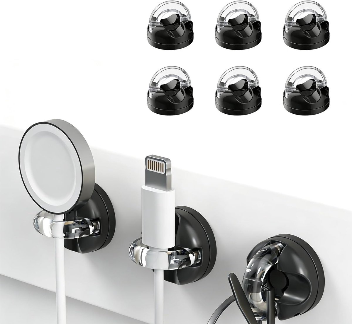 SnelShoppen - 6 Stuks Magnetische Kabelclips met Zelfklevende Bevestiging, Multifunctionele Haak, 360° Verstelbare Kabelorganizer voor Bureau, Bed, Ka