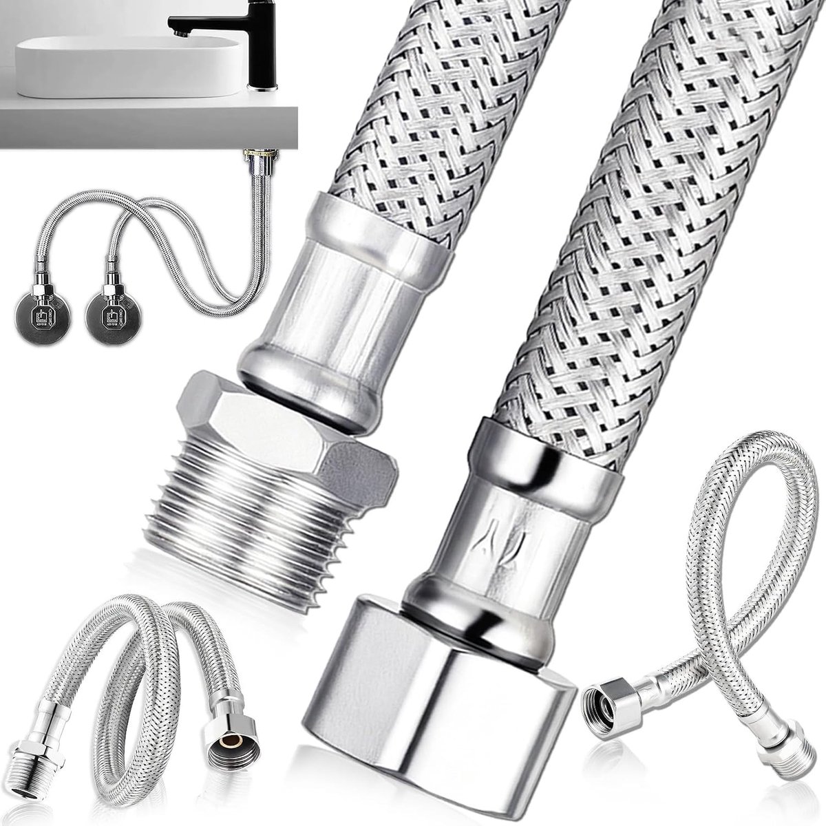 SnelShoppen - 2 Stuks 3/8 Inch RVS Flexibele Slang voor Kraan met Hoekventiel, Flexibele Aansluitslang - 20CM Lengte - Hoogwaardige RVS Vlechtwerk