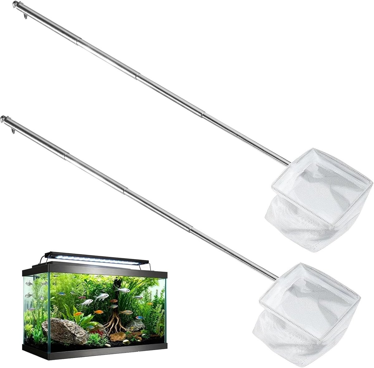 SnelShoppen - Set van 2 Miniatuur Aquariumschepnetten met Telescoopsteel van Roestvrij Staal - Fijn Gaas Visnet voor Aquarium, Vijver en Reiniging - 8