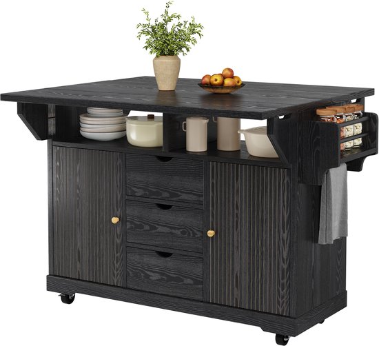 FloraGrace Keukenwagen - Uitklapbare Zijbladen En 3 Lades - Mobiele Keukenoplossing Voor Keuken En Eetkamer - MDF En Metaal - Zwart - 142,5 Cm — afbeelding 2