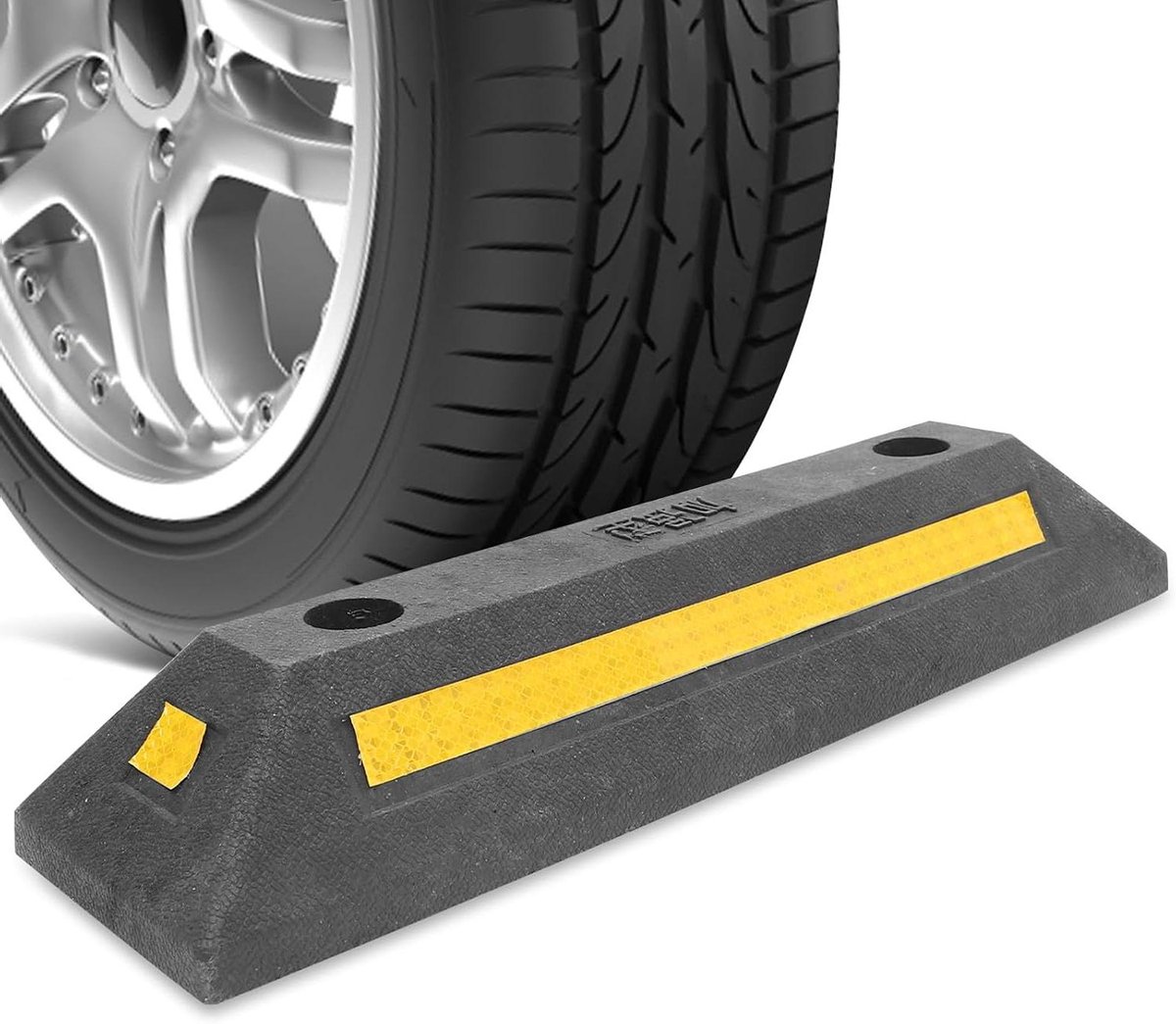Rubberen Wielstopper - Parkeerblok Autoband - Veilig Parkeren - Reflecterende Tape - 48 x 14 x 7.8 cm - Zwart