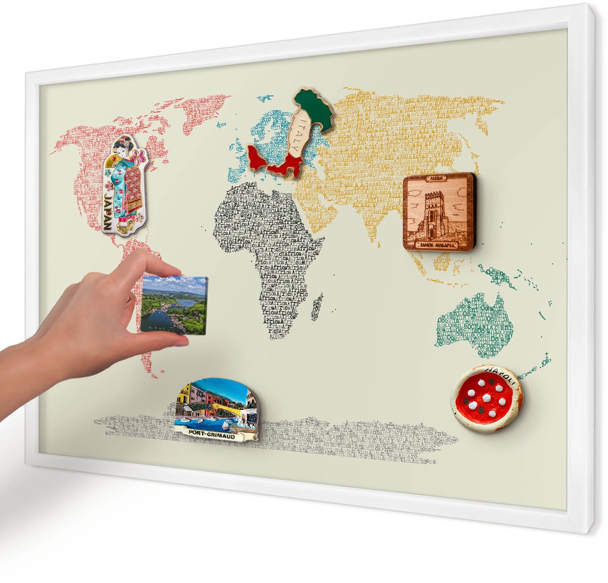 Artprintcave Beige Magneetbord mit Witte Lijst - 60x40 cm - Wereldkaart Memobord Keuken - Typografisch Magneetbord Voor Foto's - Kaarten