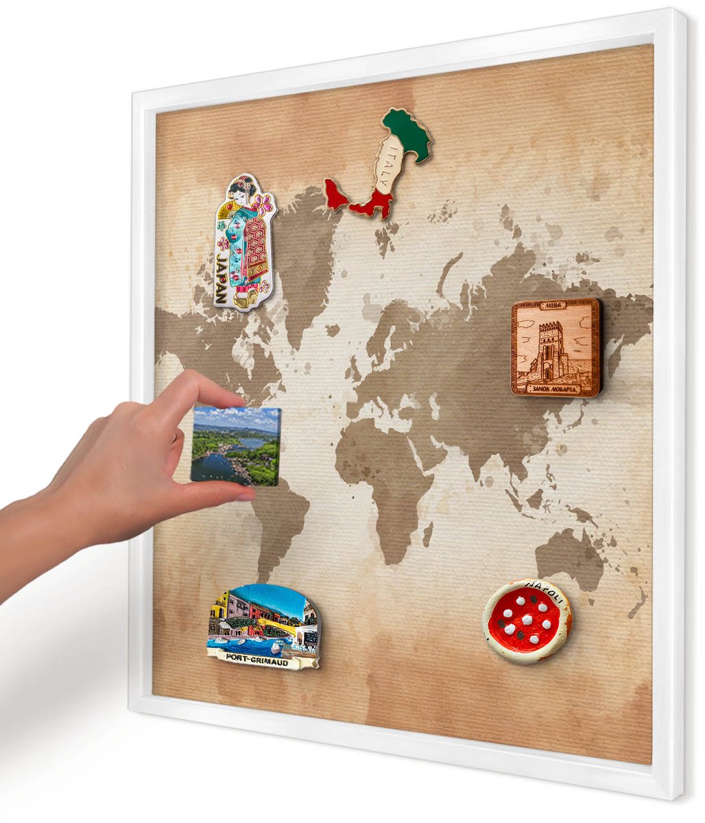 Artprintcave Bruin Magneetbord mit Witte Lijst - 50x50 cm - Wereldkaart Magnetische Organizer - Vintage Memobord Keuken - Kaarten