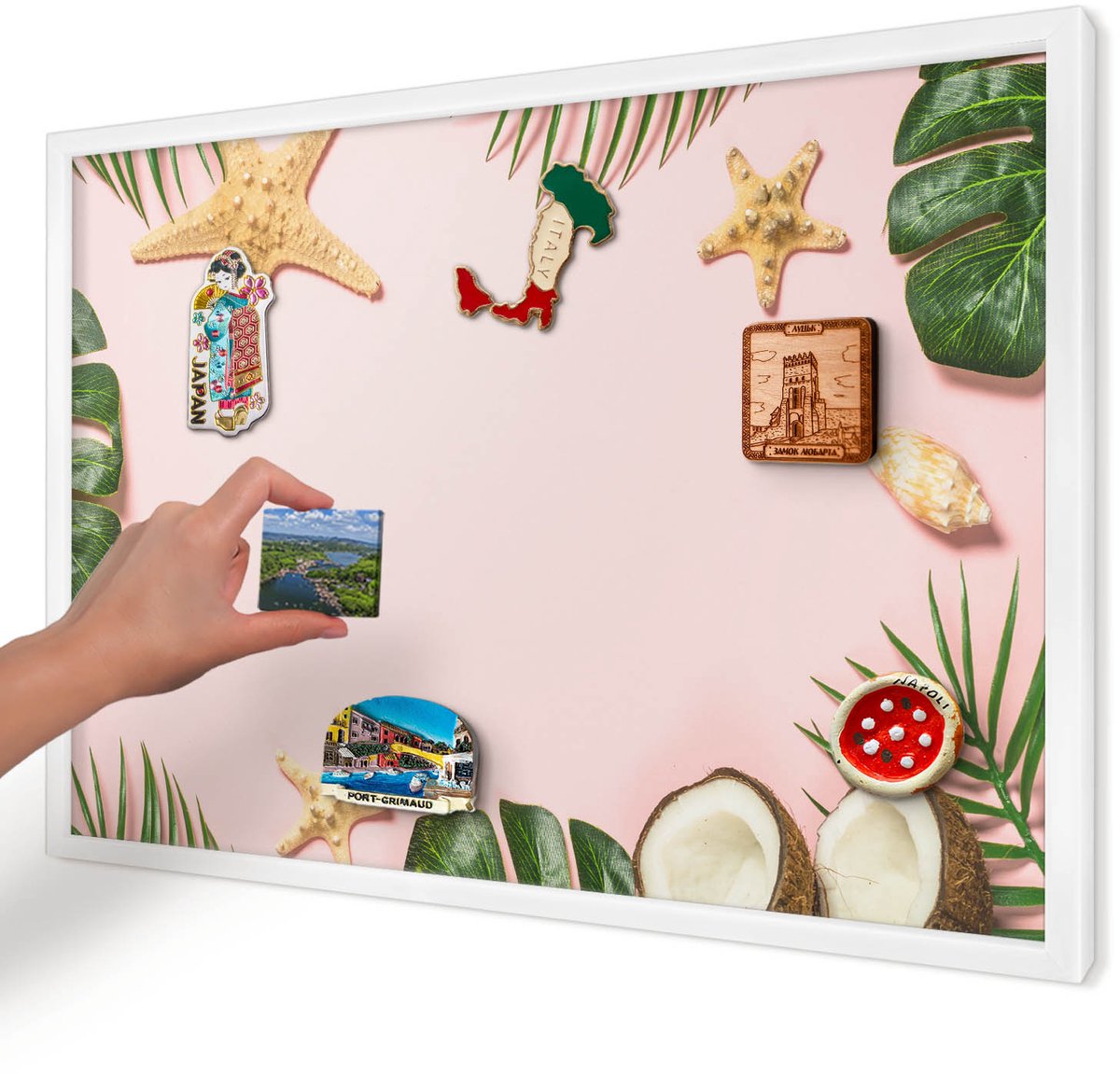 Artprintcave Roze Magneetbord mit Witte Lijst - 60x40 cm - Tropische Vakantie Notitiebord - Illustratief Wandbord Magnetisch - Natuur