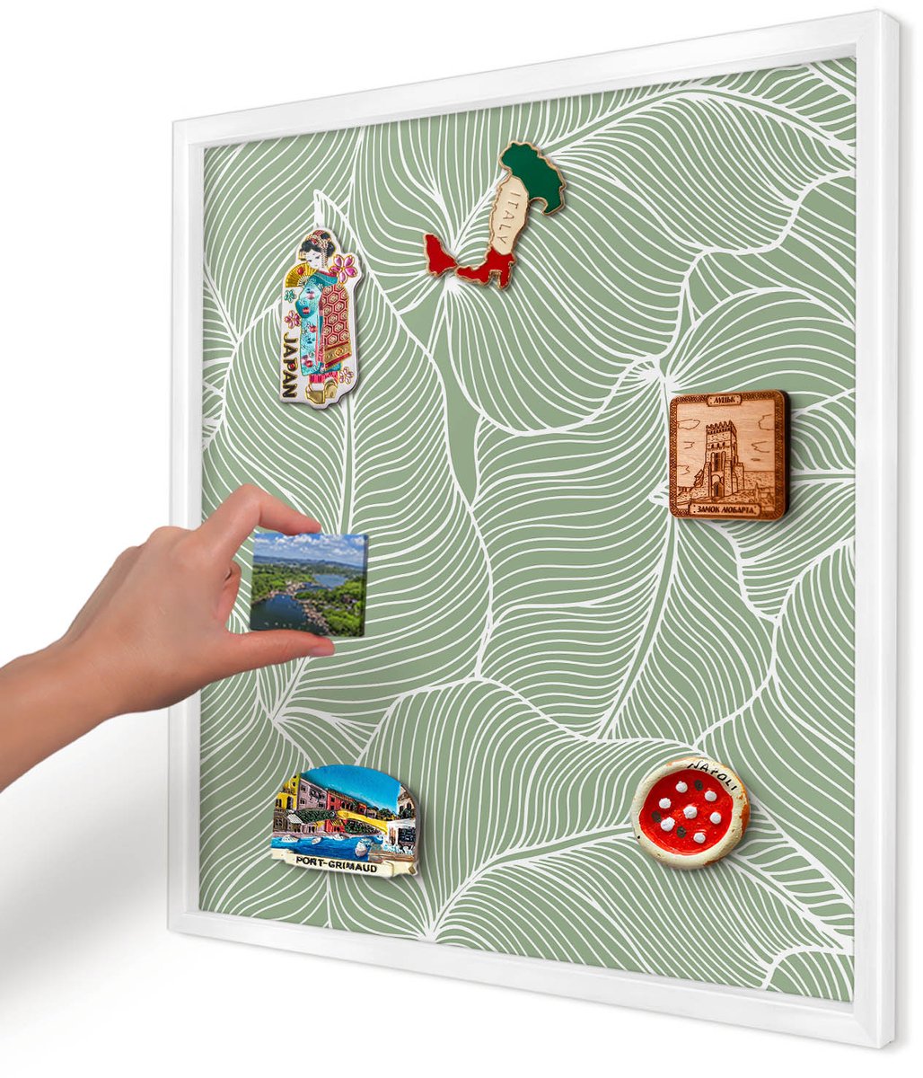 Artprintcave Groente Magneetbord mit Witte Lijst - 50x50 cm - Tropische Bladeren Memobord Keuken - Minimalist Wandbord Magnetisch - Bloemen En Planten