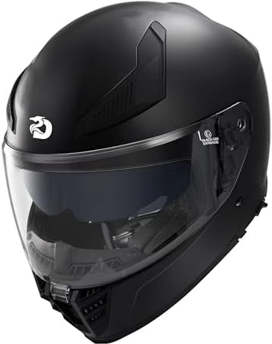 Matzwarte integraalhelm met vizier, met logo van een vogel.