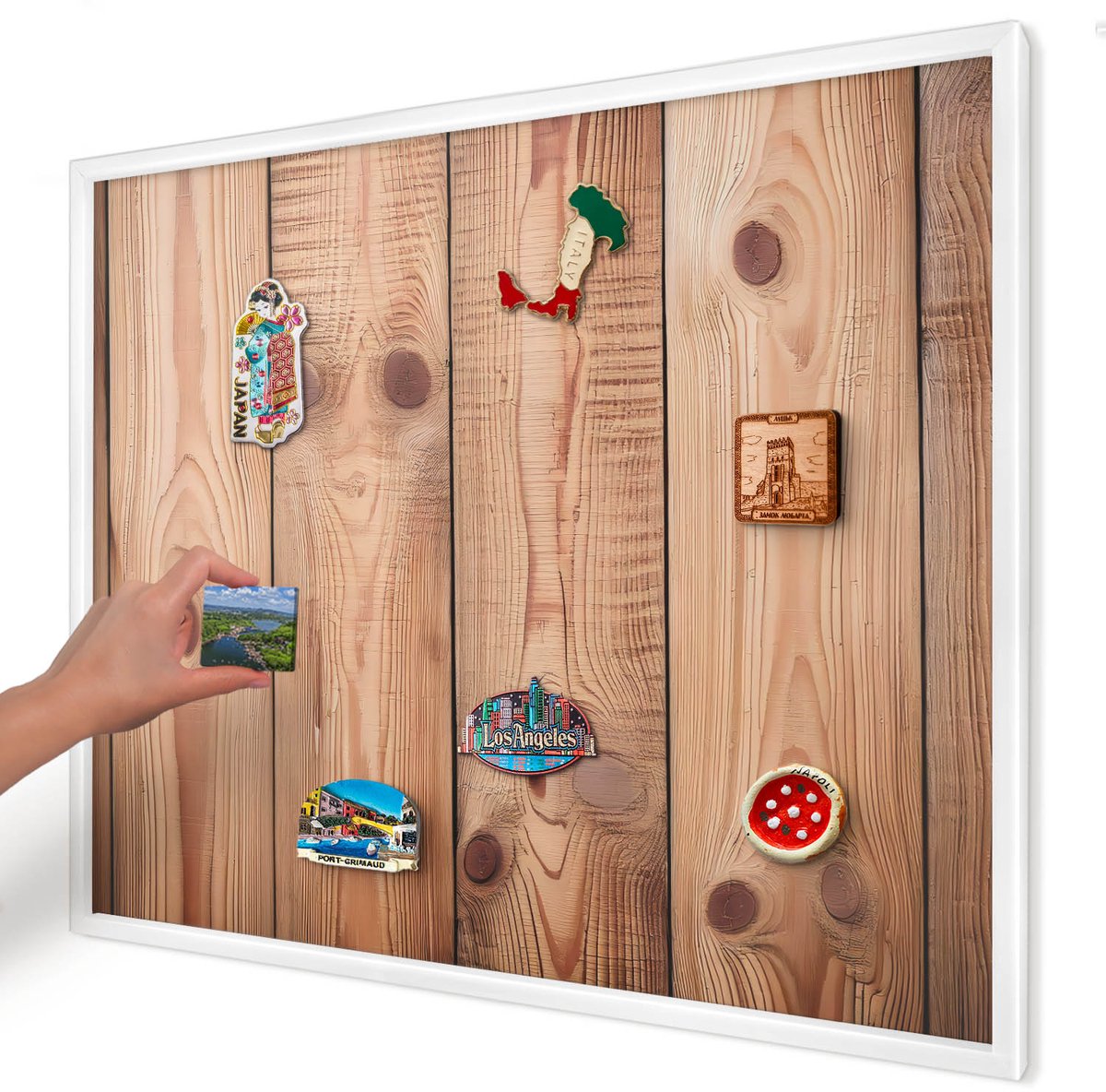 Artprintcave Bruin Magneetbord mit Witte Lijst - 80x60 cm - Houten Planken Wandbord Magnetisch - Rustiek Magneet Bord mit Frame - Texturen