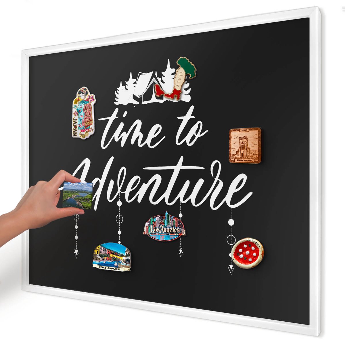 Artprintcave Zwart Magneetbord mit Witte Lijst - 80x60 cm - Avontuur Wacht. Memobord Keuken - Modern Magneetbord Voor Keuken - Teksten