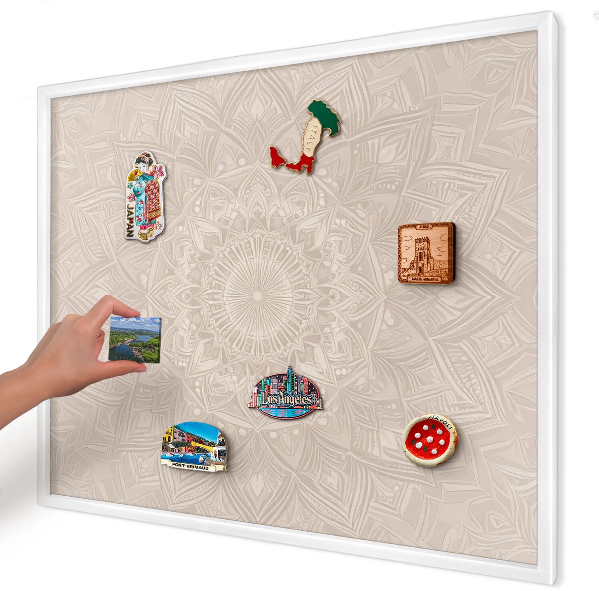 Artprintcave Beige Magneetbord mit Witte Lijst - 80x60 cm - Decoratieve Mandala Memobord Keuken - Geometrische Magneet Bord mit Frame - Geometrie