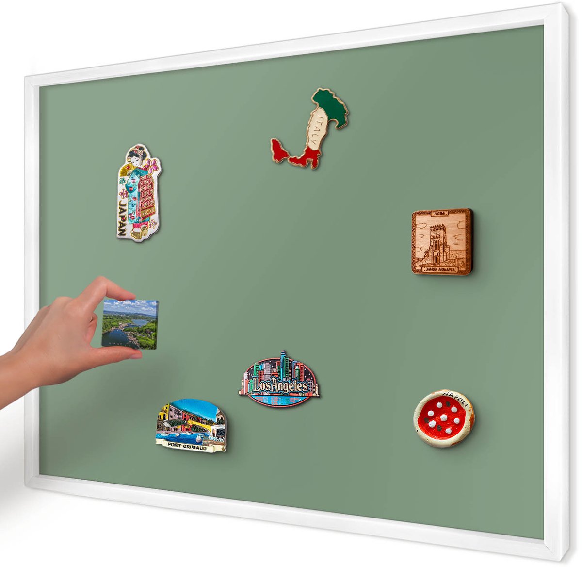 Artprintcave Groente Magneetbord mit Witte Lijst - 70x50 cm - Gedempt Groen Bord Voor Magneten - Minimalist Notitiebord - Achtergronden En Patronen