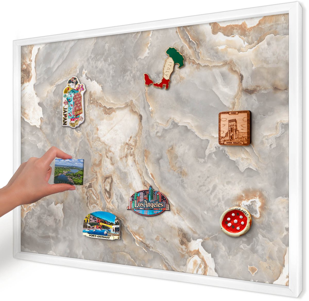Artprintcave Grijs Magneetbord mit Witte Lijst - 70x50 cm - Marmeren Elegantie Magnetische Organizer - Abstract Memobord Keuken - Abstractie