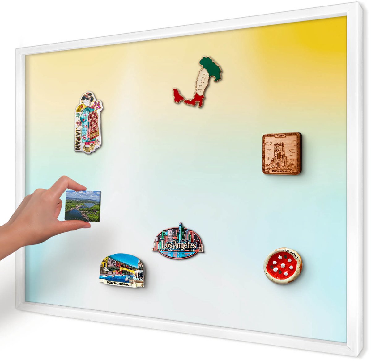 Artprintcave Geel Magneetbord mit Witte Lijst - 70x50 cm - Pastel Ontspanning Wandbord Magnetisch - Abstract Magneetbord Voor Keuken - Achtergronden En Patronen