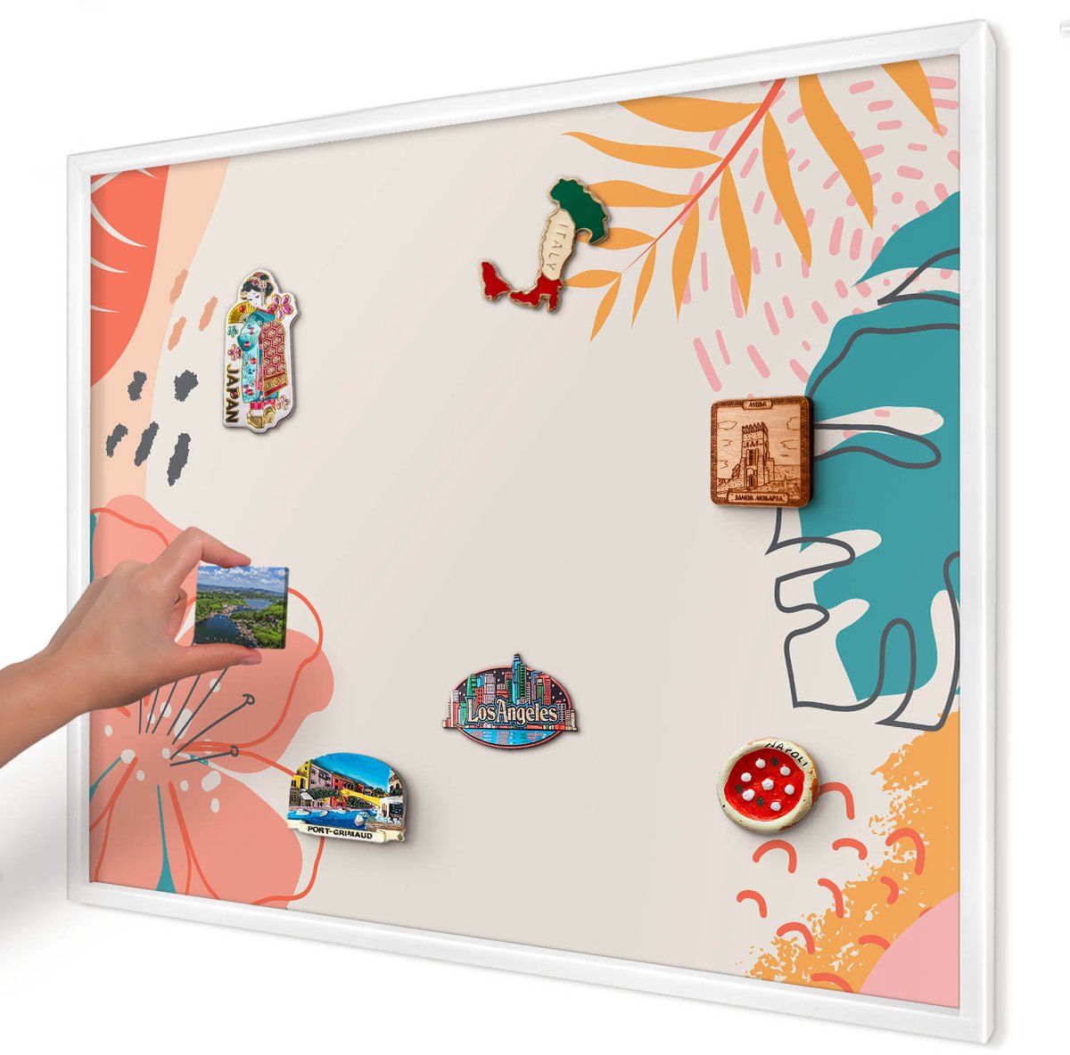Artprintcave Romig Magneetbord mit Witte Lijst - 80x60 cm - Moderne Natuur Magneet Bord mit Frame - Abstract Notitiebord - Bloemen En Planten