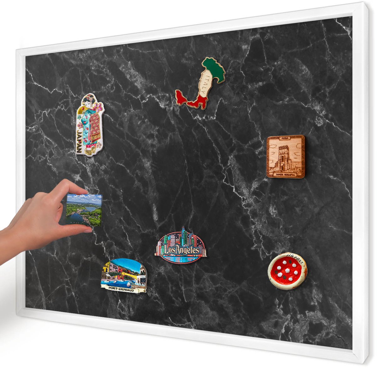 Artprintcave Zwart Magneetbord mit Witte Lijst - 70x50 cm - Marmeren Elegantie Magneetbord Voor Foto's - Modern Notitiebord - Texturen