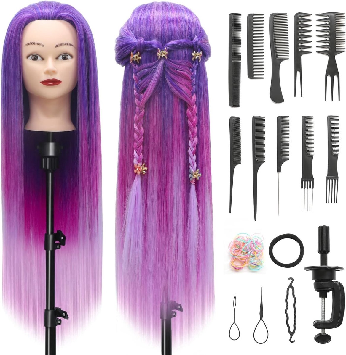Professionele Oefenhoofd voor Kappers, 28 inch Haar Trainingshoofd met 100% Synthetische Vezels, Inclusief Klem en DIY Vlechtset (Paars Rood Poeder)
