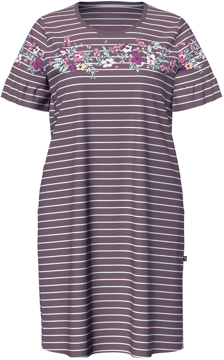 Ulla Popken - Dames - Bigshirt bloemenstrepen ronde hals korte mouwen met volant - Aarde - Maat 46+