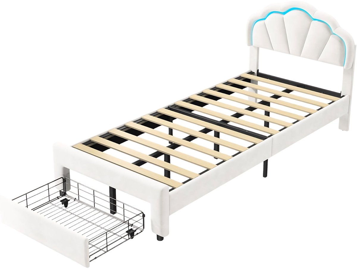 Happiq Kinderbed - 90 x 200 Cm A Wit Fluweel - Gestoffeerd Eenpersoonsbed met Hydraulische Opbergruimte, Hoofdeinde met White