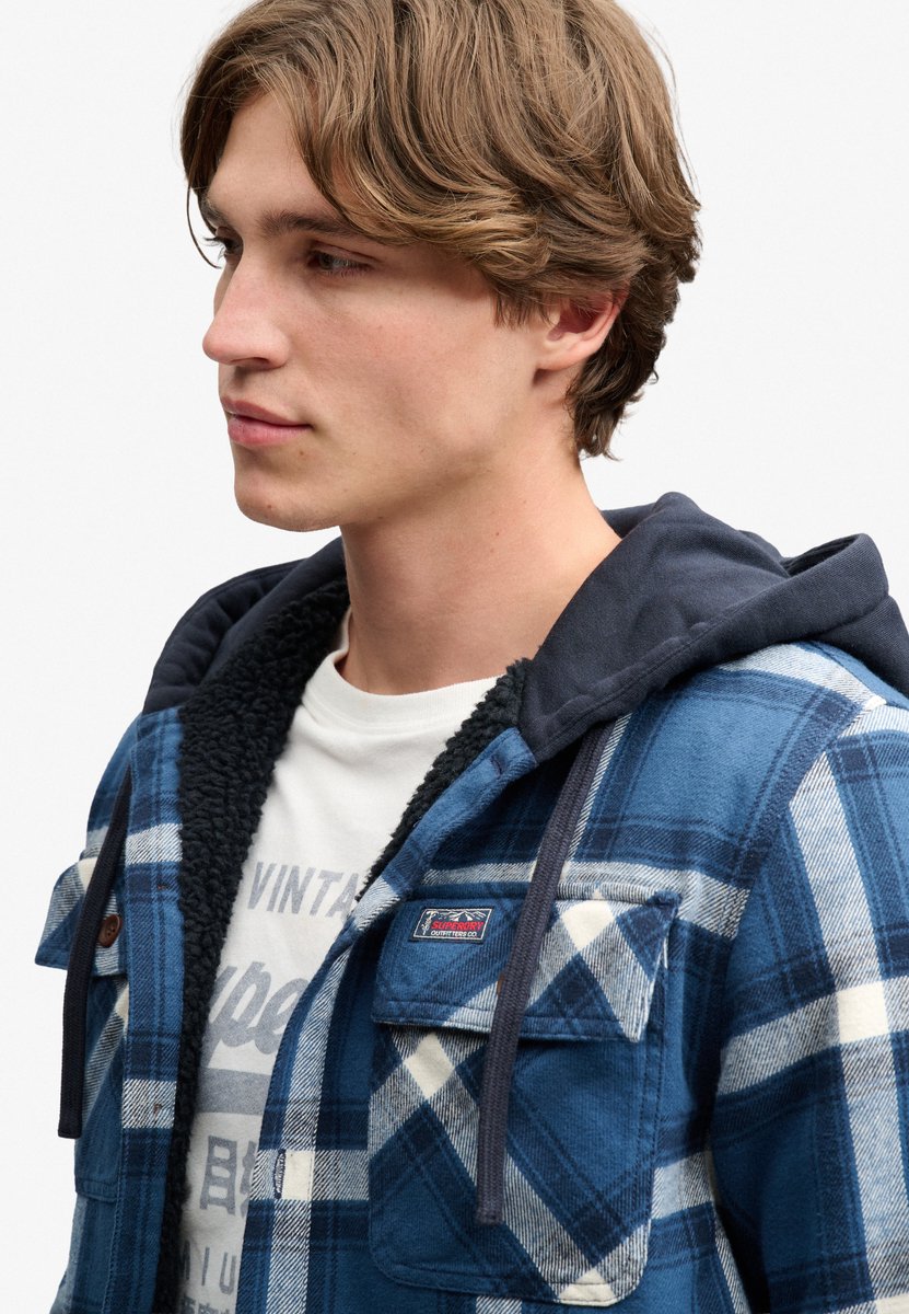 Superdry Overhemd Borg Lined Hooded Overshirt M4011193a Worker Check Ink Mannen Blauw