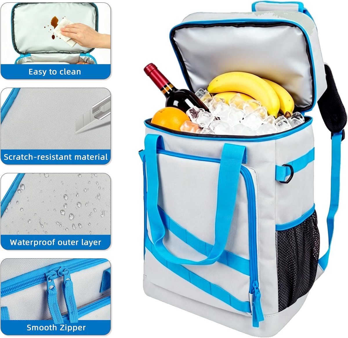 SnelShoppen - 40 liter lichte koelrugzak met flesopener, ideale koelbox voor strand, reizen, camping, lunch - grijsblauw, multifunctioneel en comforta