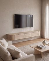 Japandi Tv Meubel Curved - Travertin - 180x36x33 cm - Gebogen zijkant - Volledig Gemonteerd - Zwevend TV Meubel 180cm – Wandgemonteerd TV Kast met Deuren en Lade – Floating TV Cabinet – Curved Design – Modern Scandinavisch TV Meubel