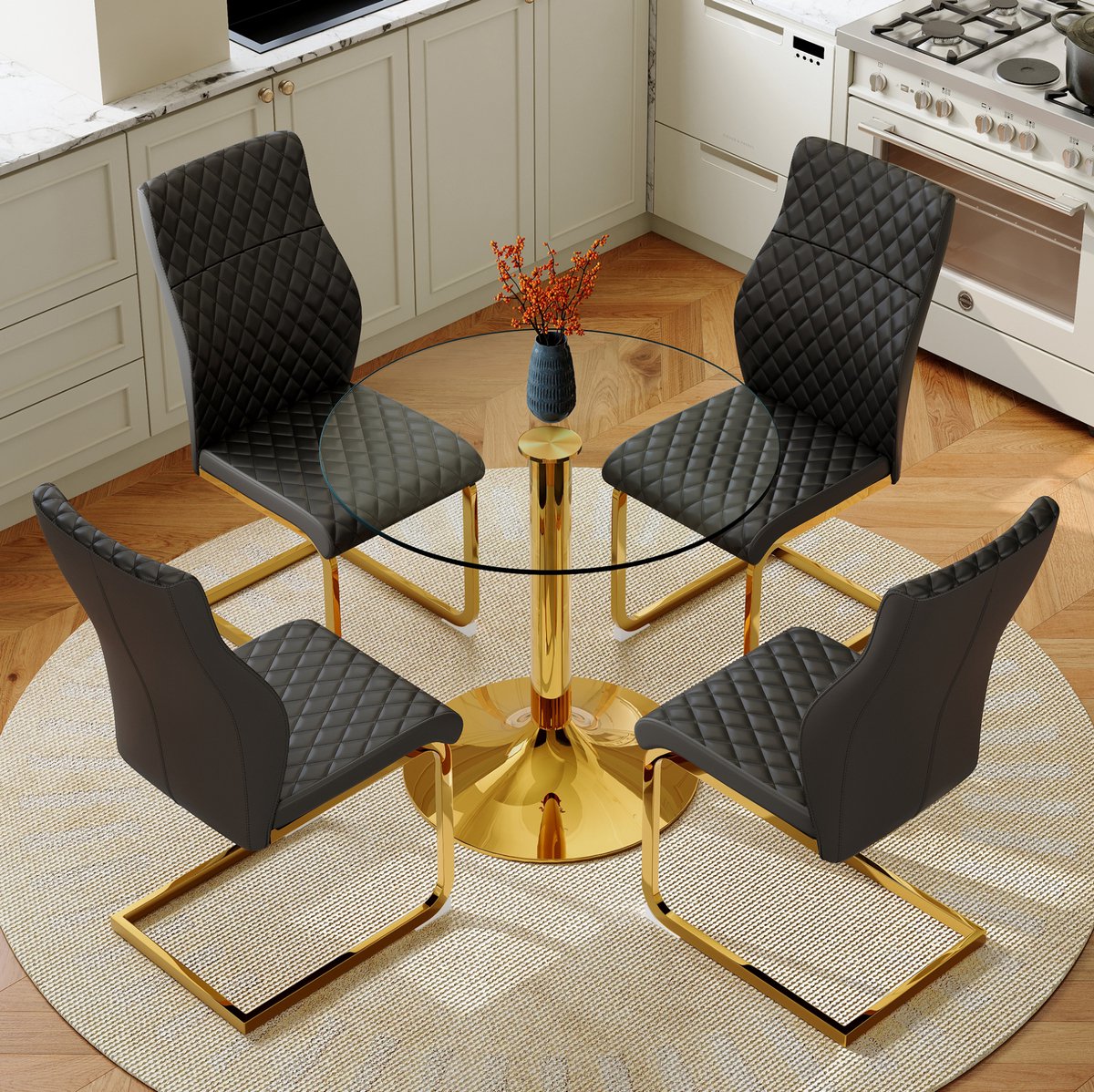 DESMIU Set Tafel En Stoelen 85 Cm - Ronde Gehard Glazen Eettafel Met 4 Eetkamerstoelen - Voor Eethoek En Woonbar - Metaal - Zwart Goud Transparant