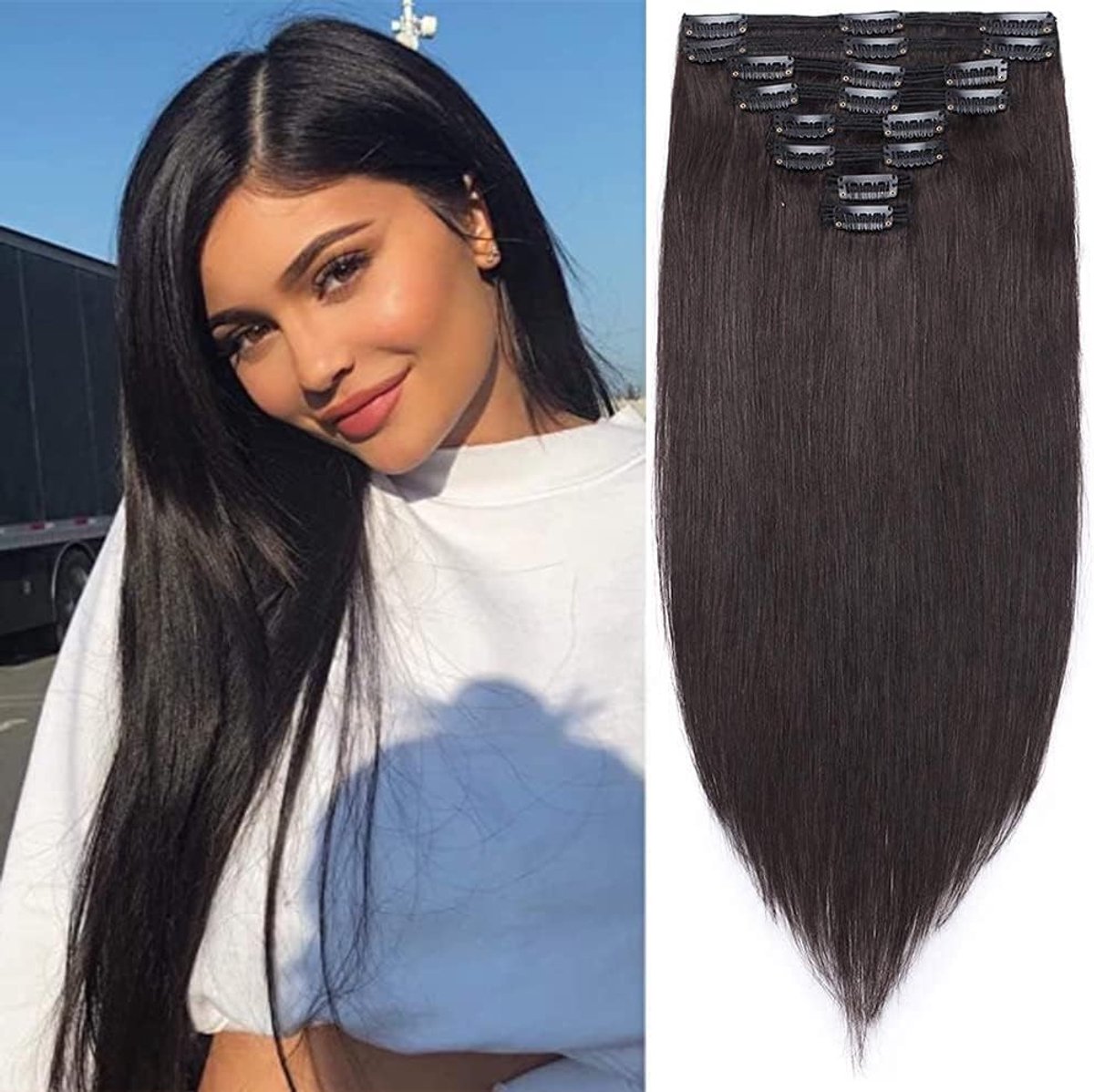 Clip-In Echt Haar Extensions, 8 Wefts, Dubbele Weft, 100% Remy Menselijk Haar, Natuurlijke Zwart, 45 cm (140 g) voor Volle Haardos en Volume