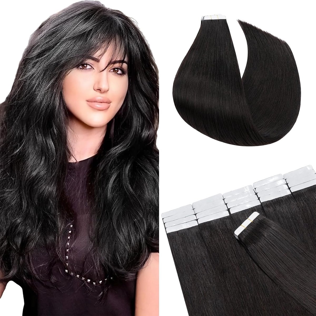 Tape-in hair extensions 20 inch, #1B natuurlijk zwart, naadloos en steil, 100% Remy haar, volumineuze en lange lokken