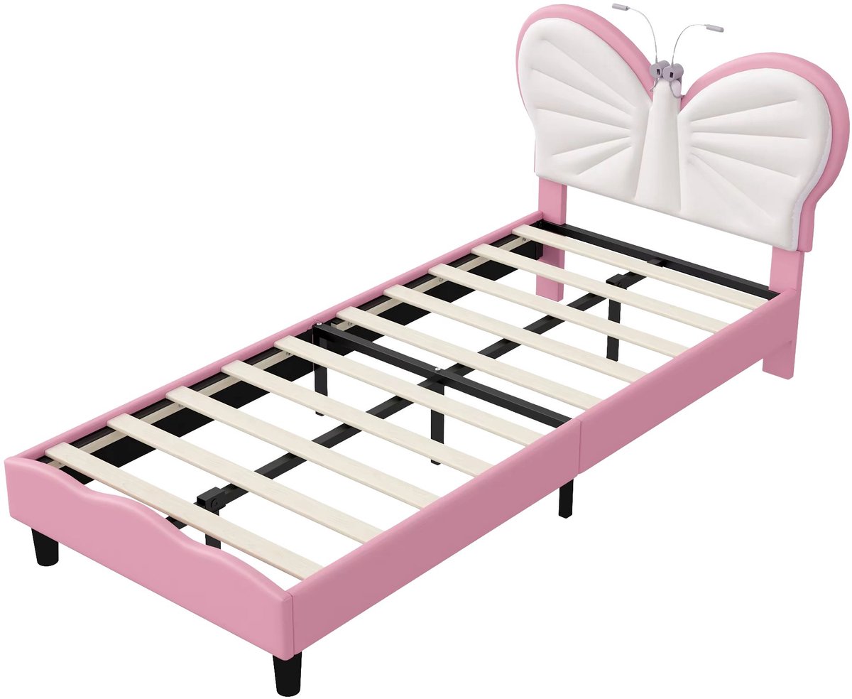 Gestoffeerd Eenpersoonsbed 90x200 cm Roze – Bedframe met LED Verlichting en Lattenbodem en Vlinderhoofdbord