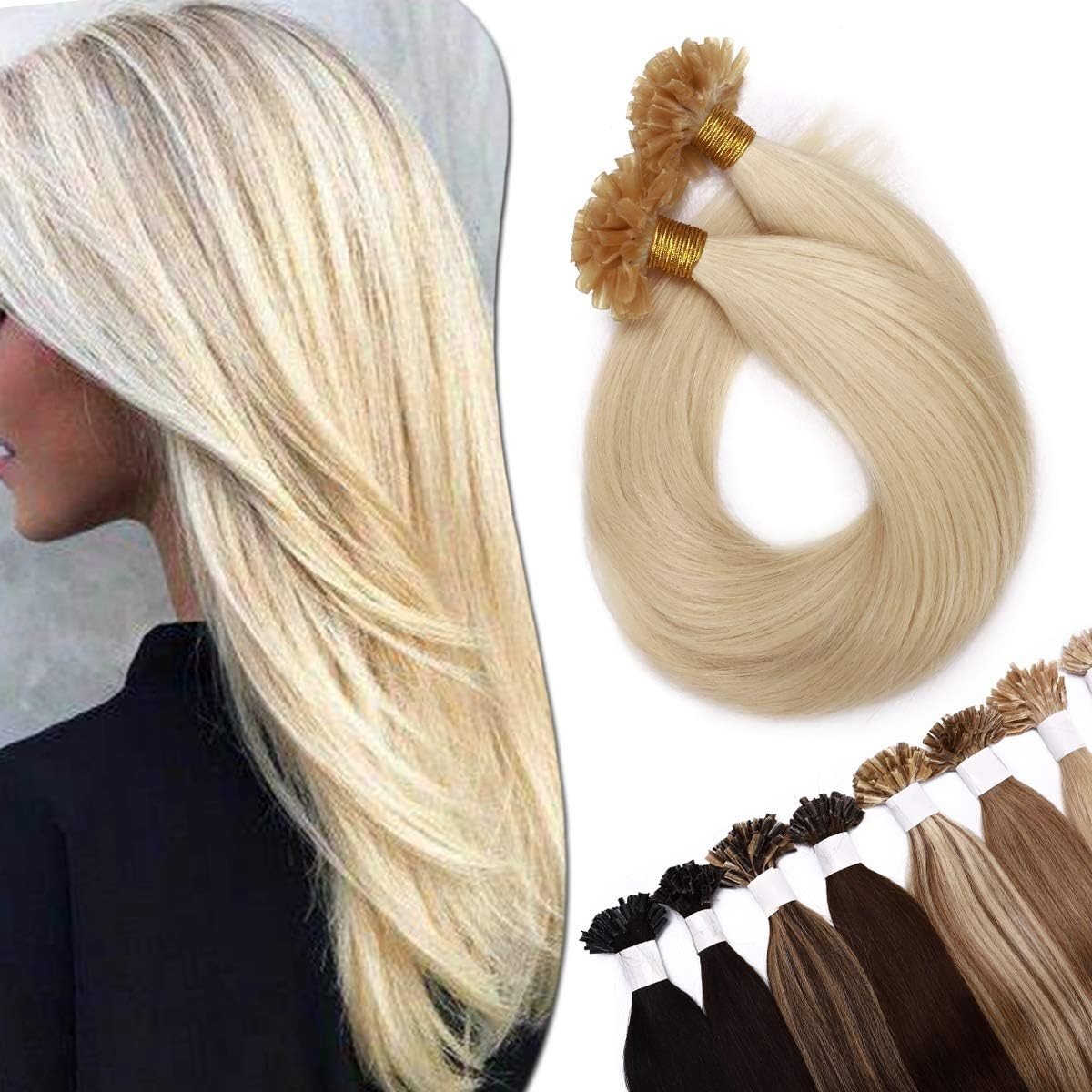 Echthaar Bondings Haarverlenger met Keratine U-Tip - 200 Strähnen Platinumblond #60, 18" (45cm) - 100g Kwaliteit