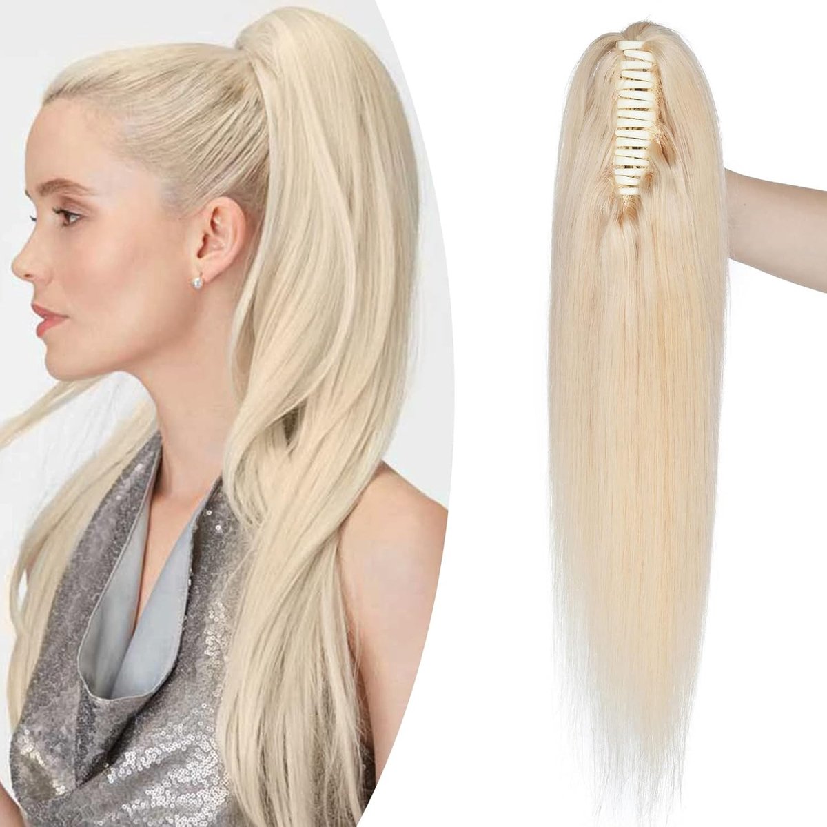 Ponytail Extension van 18 inch in 60 Platinum Blond - Clip-in Remy Haarstuk voor Vrouwen, Natuurlijke Rechtstreeks Haar (115g)