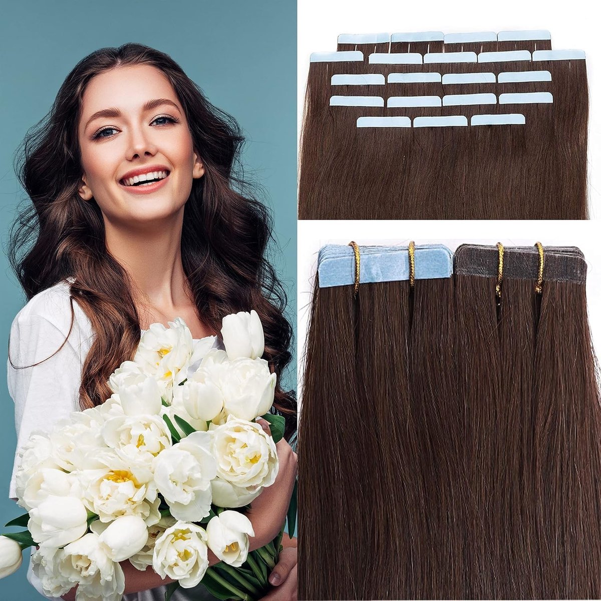 Tape Extensions van 100% Remy Menselijk Haar - 20 Stuks Medium Bruin #4 - 24" (60 cm) Haarverlenging met Lijm voor Volumineuze Look