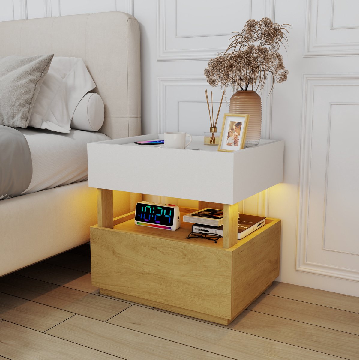 FloraGrace Nachtkastje - Met 2 Lades En Verstelbare Ledverlichting - Voor Slaapkamer En Woonkamer - Hout - 50x40x50 Cm - Wit Naturel
