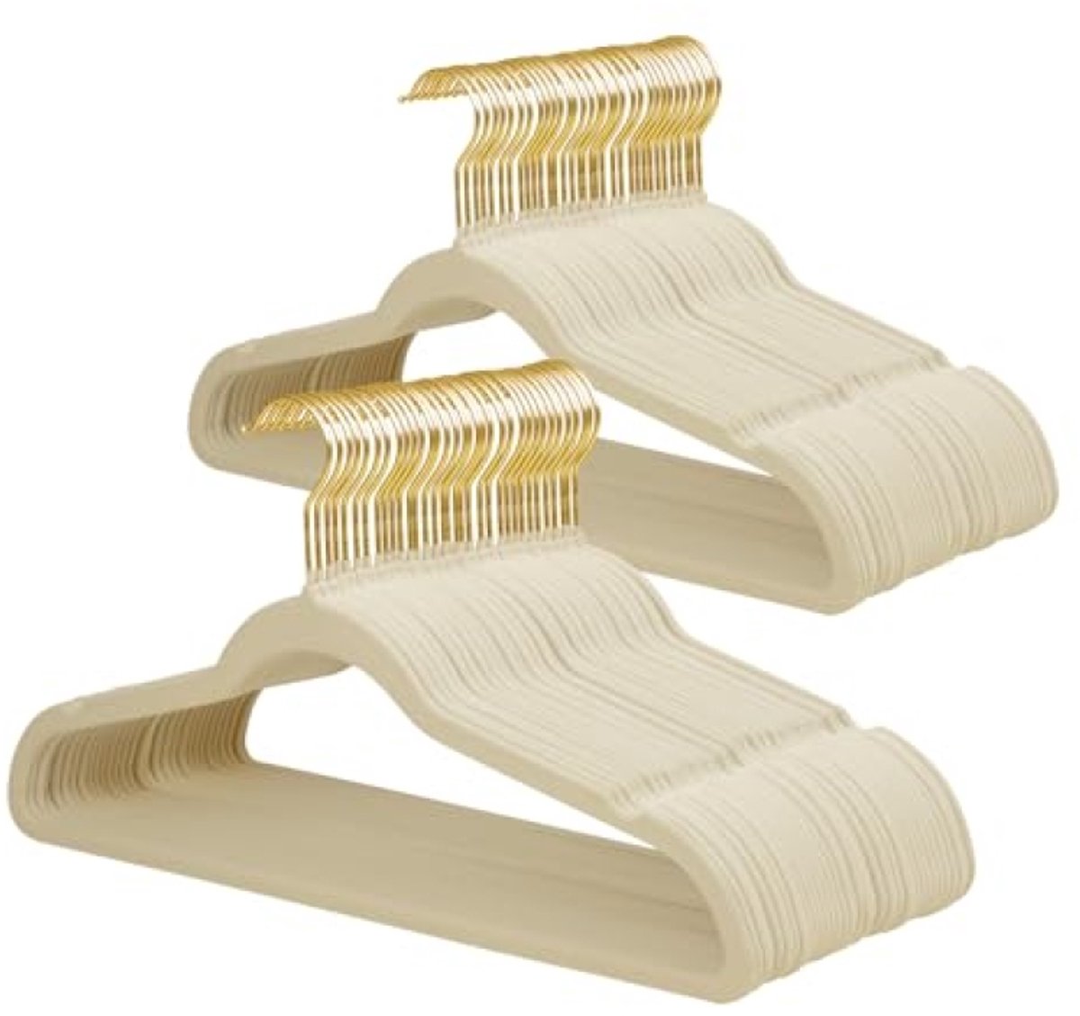 Huis Geluk Fluwelen Kleerhangers met 360° Draaibare Gouden Haak, Antislip Vilten Pakhangers, Ultradunne Ruimtebesparende Kledinghangers voor Jas, Trui, Shirt, Jurk, Broek - 66 Stuks, Beige