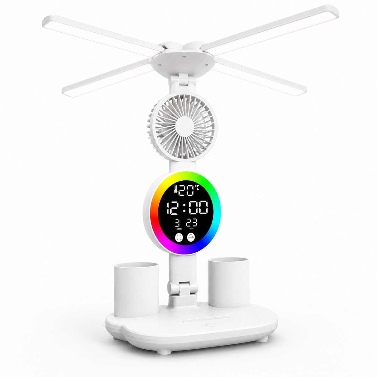 VHV - Bureaulamp LED - Oplaadbaar met 3 lichtkleuren en dimfunctie - Met ventilator, display en pennenhouder - Wit